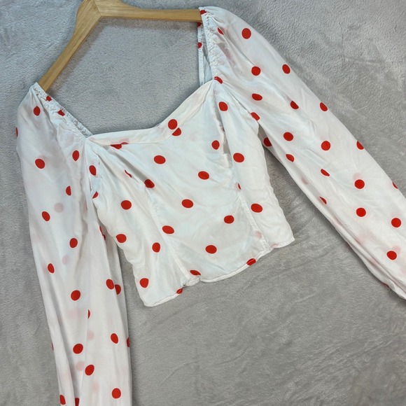 Free People Women's White Red Polka Dot Puff Sleeve Top Corset Style Sz M